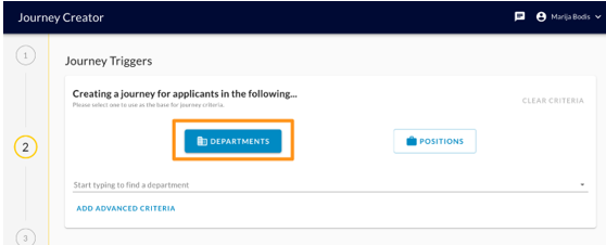 The Journey Creator Journey Triggers step with an orange box around the Departments button