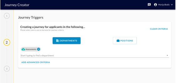 The Journey Triggers step with the Departments button chosen and an Assessments department tag added