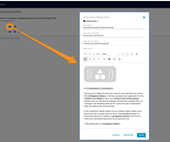An orange arrow from an email icon in a communication path to the Edit Email panel for Application Review step 1
