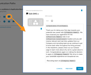 An orange arrow from a text message icon in a communication path to the Edit SMS panel