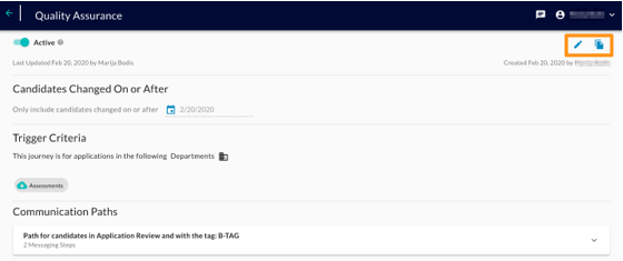 The Quality Assurance journey page with an Active toggle and an orange box around the pencil and copy icons