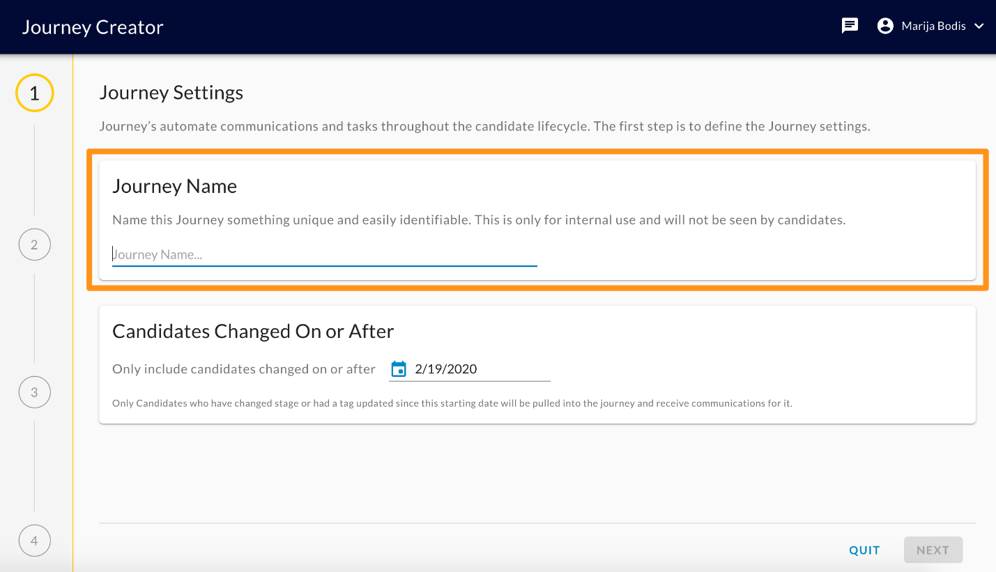 The Journey Creator Journey Settings step with the Journey Name field highlighted