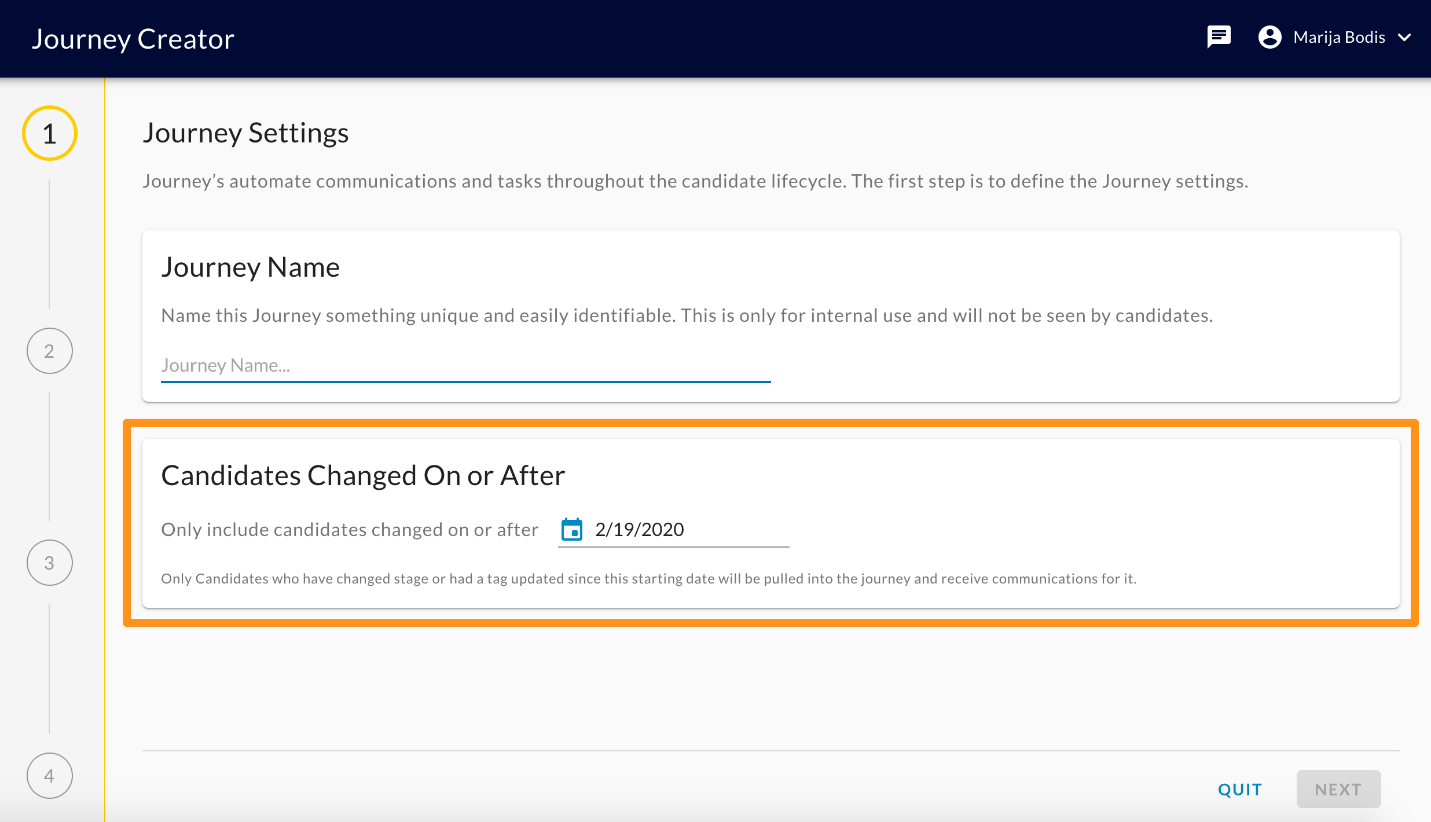 The Journey Creator Journey Settings step with the Candidates Changed On or After date section highlighted