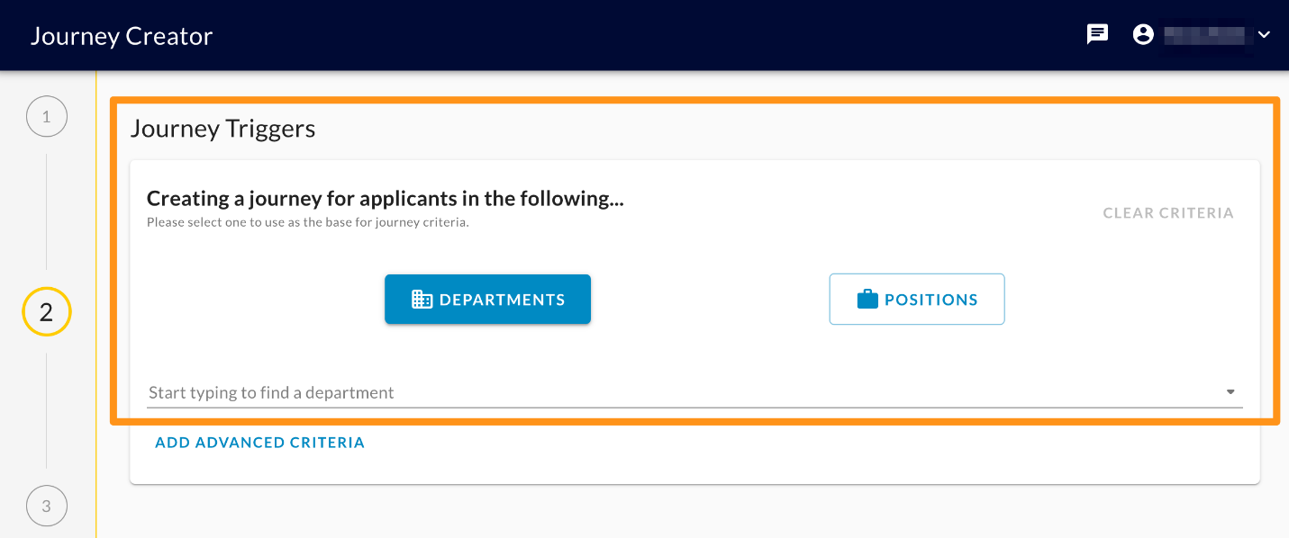 The Journey Creator Journey Triggers step with the Departments and Positions options highlighted
