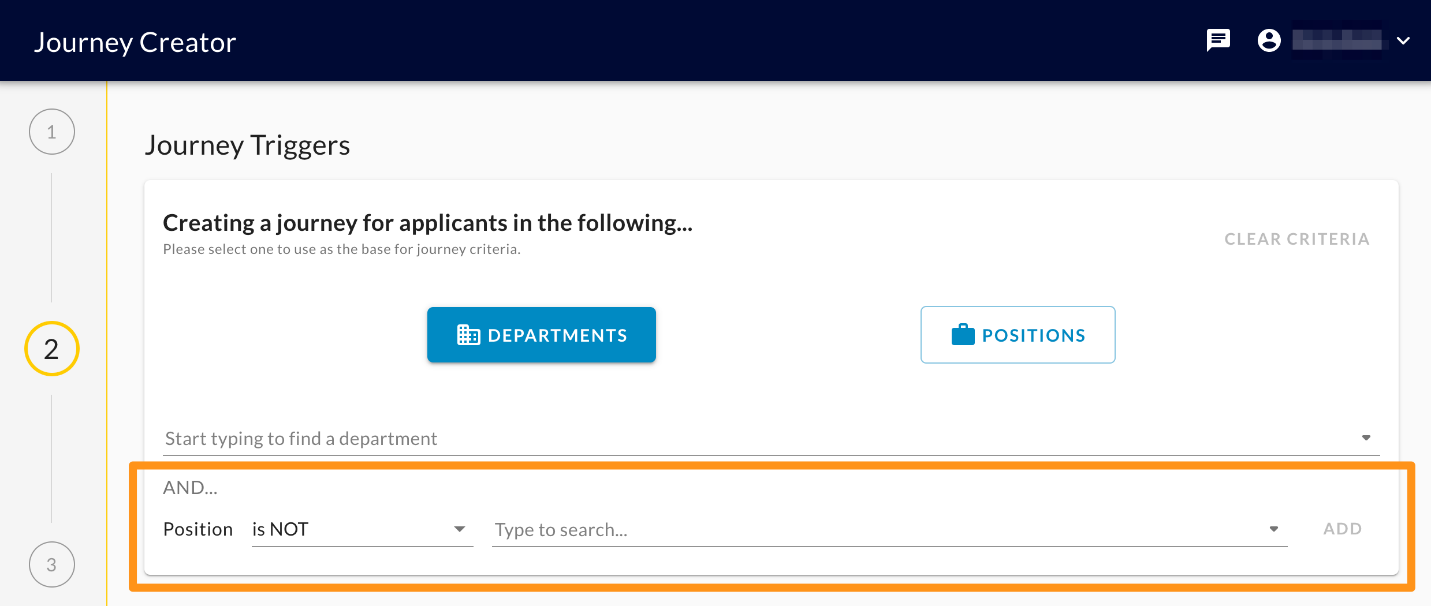 The Journey Triggers step with an advanced criteria row, Position is NOT, highlighted