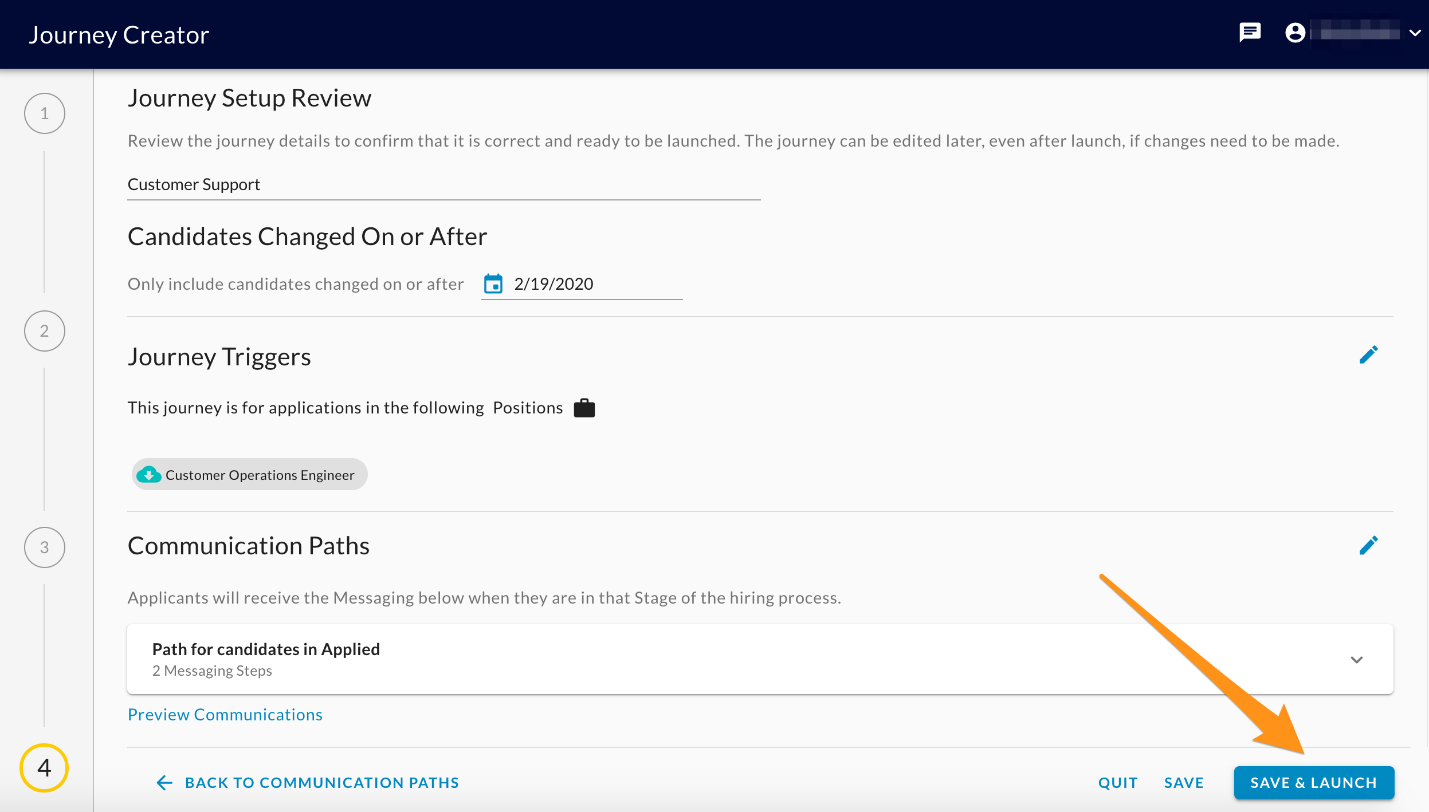 The Journey Setup Review step summarising the journey, with an arrow pointing to the Save & Launch button