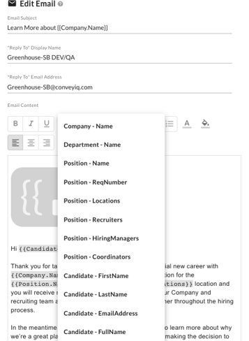 The Edit Email panel with a dropdown list of placeholders such as Company - Name and Candidate - FirstName