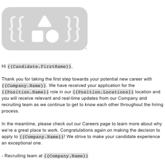An email body with a logo placeholder image and a message using placeholders for candidate, company and position