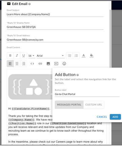 The Edit Email panel with the Add Button dialog open and the button label Go to Chat Portal entered