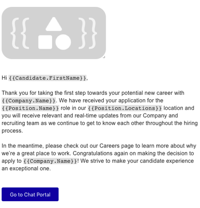 An email body with a placeholder image, a message with placeholders and a blue Go to Chat Portal button