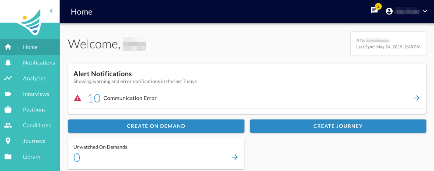 The Home page with the Alert Notifications panel and a message icon in the header showing an unread count