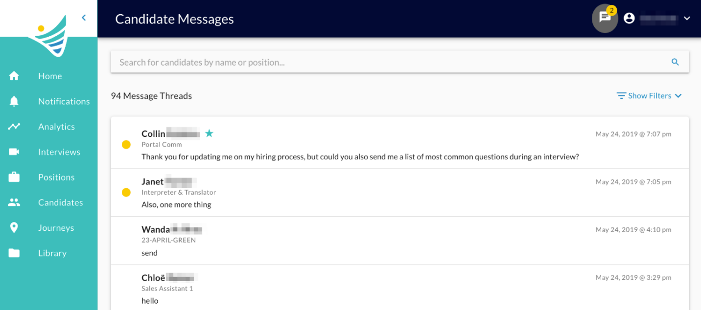 The Candidate Messages page with a list of 94 message threads and the message icon in the header highlighted
