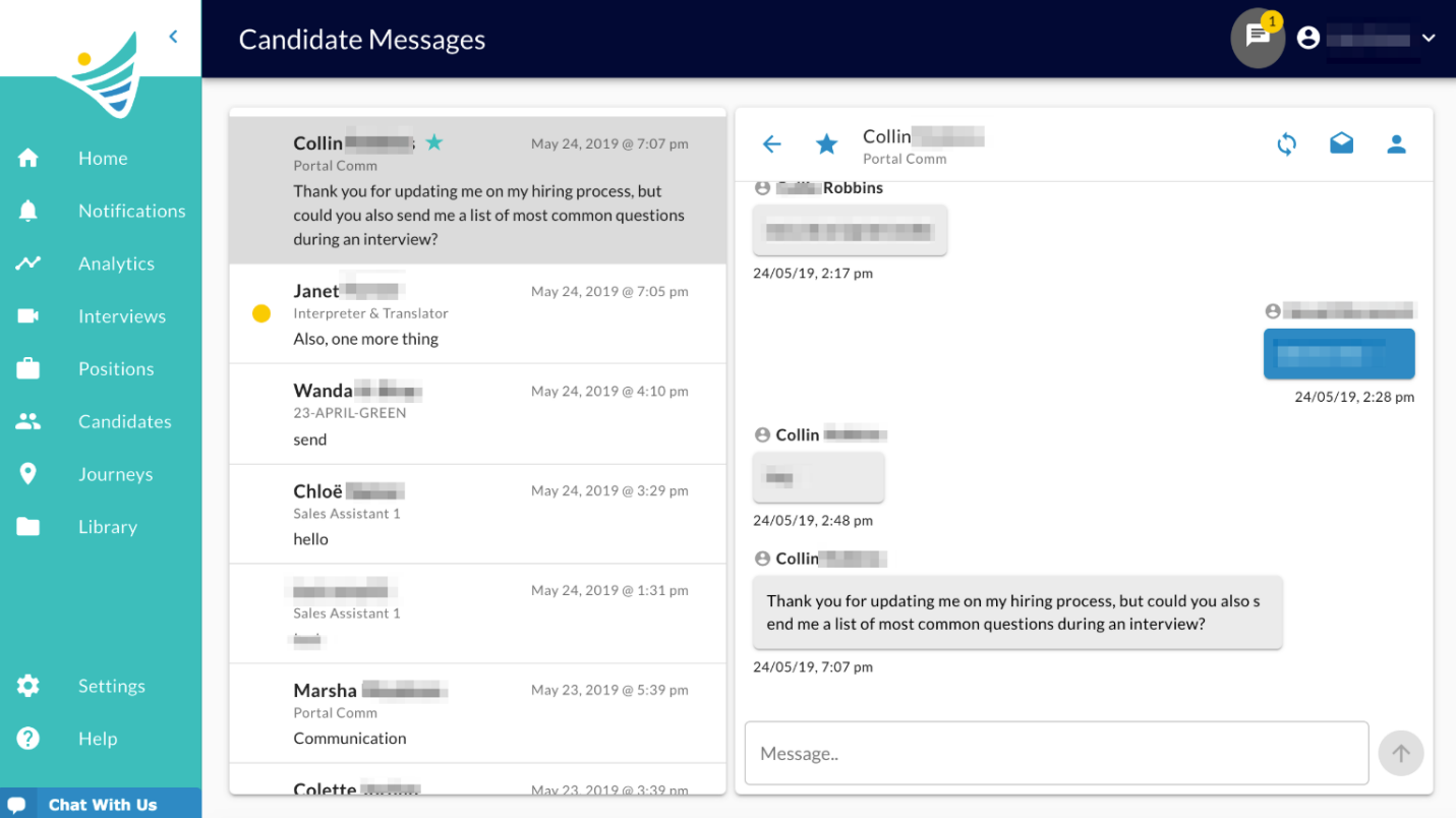 The Candidate Messages page with the thread list on the left and the selected conversation open on the right