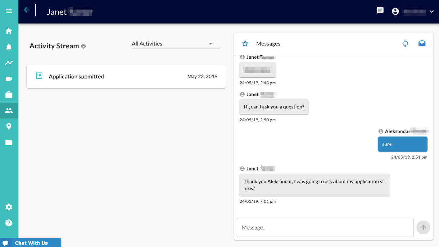 A candidate page with an Activity Stream on the left and a Messages conversation with a reply box on the right