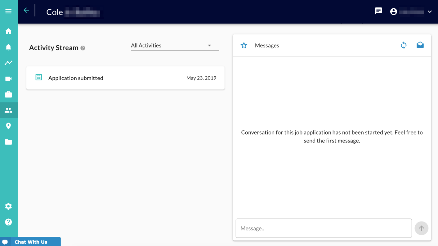 A candidate page with an Activity Stream and an empty Messages panel saying no conversation has started yet