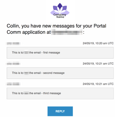 An email notification with a company logo, three new messages from a candidate and a Reply button