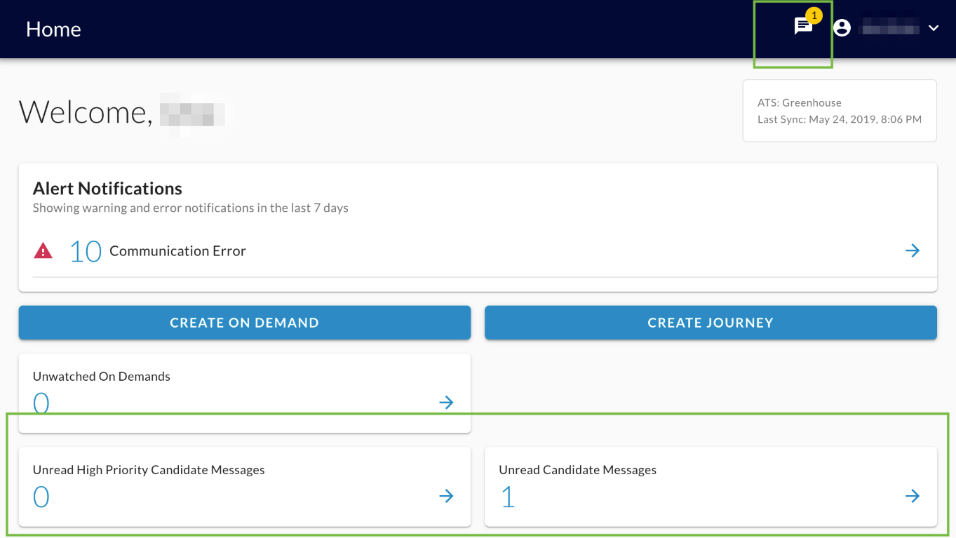 The Home page with green boxes around the header message icon and the unread candidate message cards