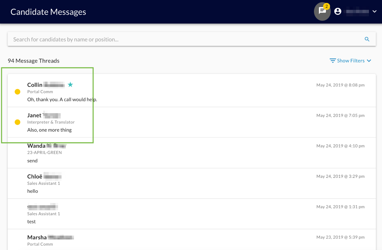 The Candidate Messages page with a green box around two message threads marked with yellow dots