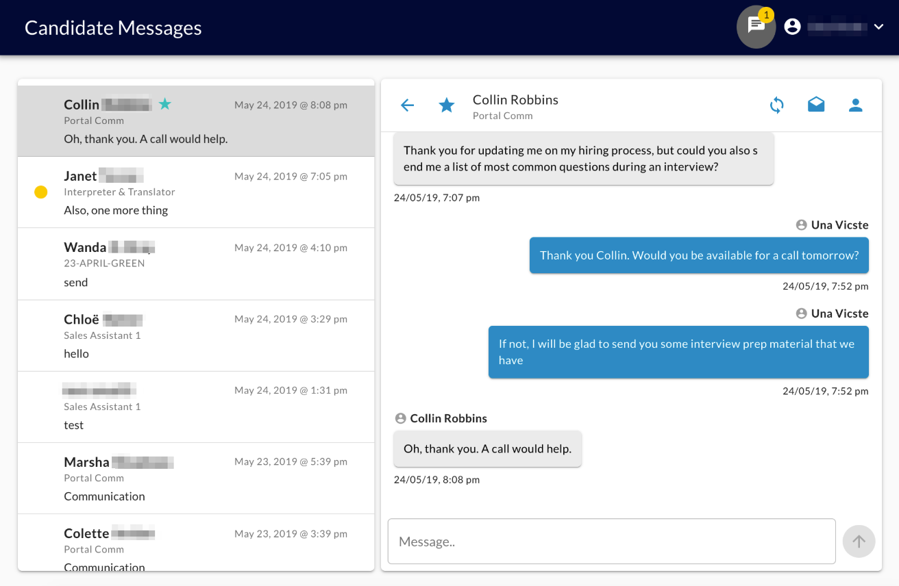 The Candidate Messages page with the message thread list on the left and the selected conversation on the right