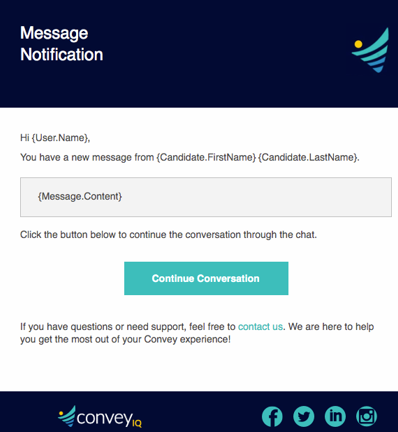 An email notification titled Message Notification with a message preview and a Continue Conversation button