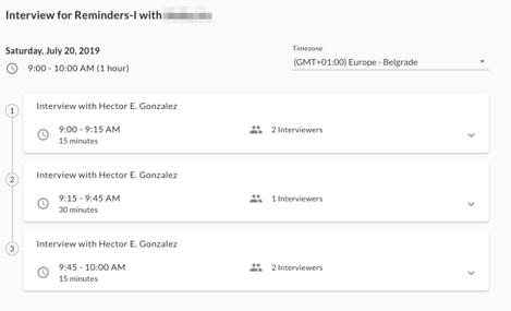 An event agenda for a Saturday 9:00 to 10:00 AM interview, split into three consecutive interview slots