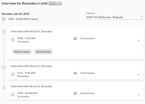The event agenda with the first interview slot expanded to show the names of two interviewers