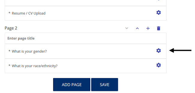 An application form page with an arrow pointing to the gear icon beside a field, above Add Page and Save buttons