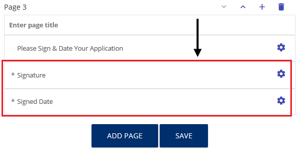 An application form page with the Signature and Signed Date fields outlined in red and an arrow pointing to them