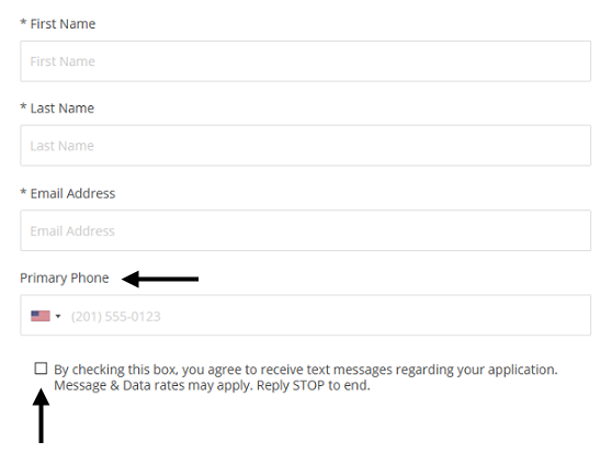 An application form with name, email and Primary Phone fields, and arrows pointing to Primary Phone and a consent checkbox