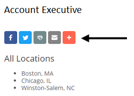 A job page with social sharing buttons marked by an arrow, above the All Locations list