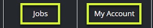 The Jobs and My Account links in a career site header, each outlined with a green box