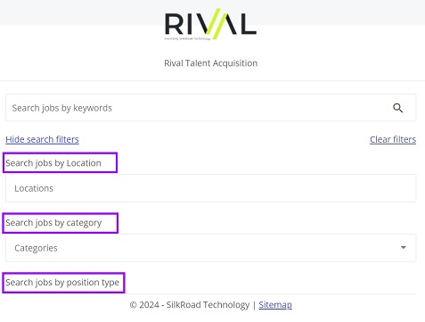 The career site job search form with the Location, category and position type search labels outlined in purple