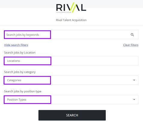 The career site job search form with the keywords, Locations, Categories and Position Types fields outlined in purple