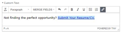 The Custom Text editor with the Submit Your Resume/CV text selected and the link button active