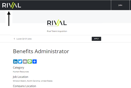 A career site job page with an arrow pointing to the logo in the top navigation bar