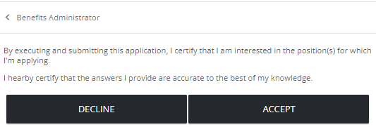 A presubmission text screen with a certification message and Decline and Accept buttons