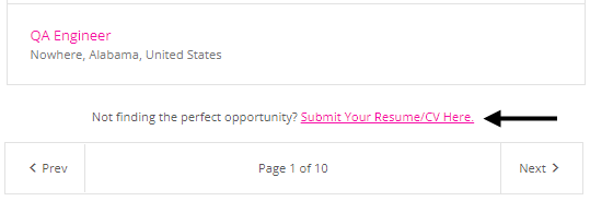 A job list with an arrow pointing to the Submit Your Resume/CV Here link above the Prev and Next page controls