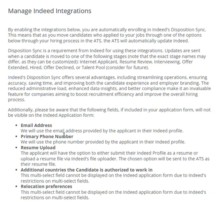 The Manage Indeed Integrations page explaining Disposition Sync and fields not visible on the Indeed form