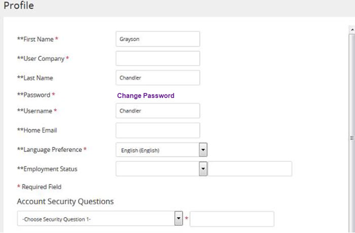 The Profile page with name, username, email and language fields, a Change Password link and security questions