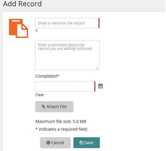 The Add Record form with name, comment and Completed fields, an Attach File button, and Cancel and Save buttons