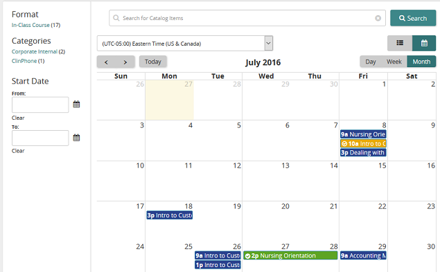 The course catalog in calendar view for July 2016, with Format, Categories and Start Date filters