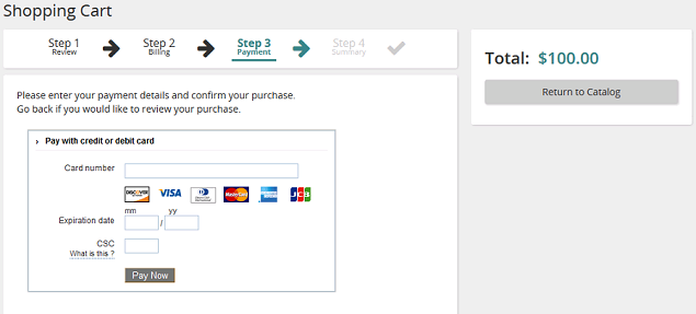 The Shopping Cart page at Step 3, Payment, with a credit or debit card form and a Pay Now button