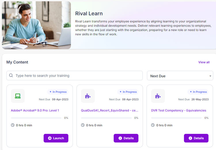 The Rival Learn dashboard with a welcome banner and a My Content section of courses with Launch and Details buttons