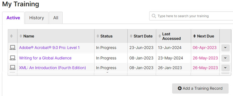 The My Training page on the Active tab, with a table of courses, a search box and an Add a Training Record button