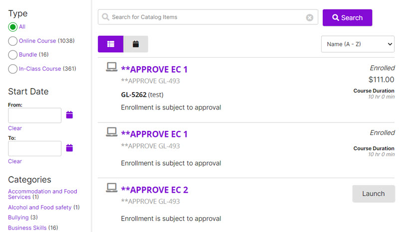 The course catalog with Type, Start Date and Categories filters, a search box and a list of courses