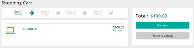 The Shopping Cart page at Step 1, Review, with one course, the total, and Checkout and Return to Catalog buttons