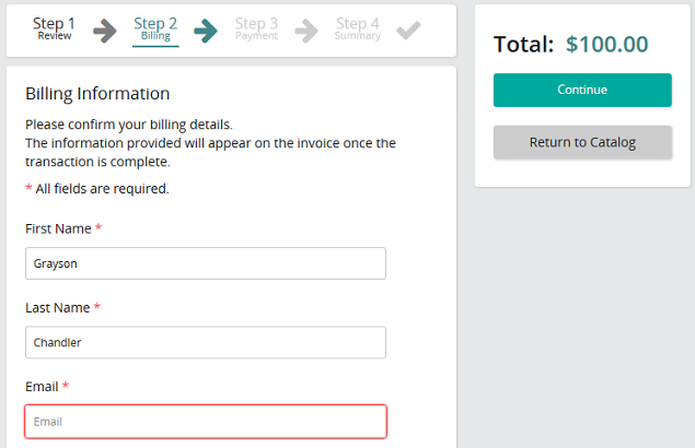 The Shopping Cart page at Step 2, Billing, with Billing Information fields and a Continue button