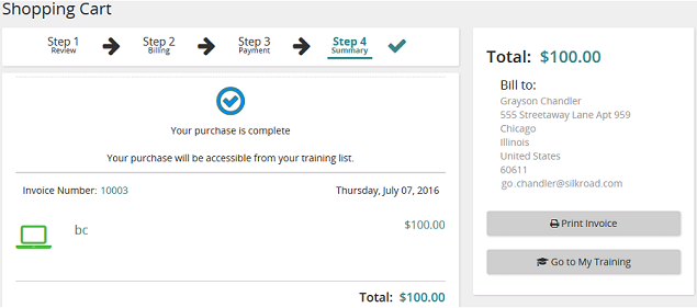 The Shopping Cart page at Step 4, Summary, confirming the purchase, with Print Invoice and Go to My Training buttons