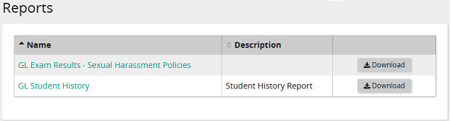 The Reports page listing reports by name and description, each with a Download button