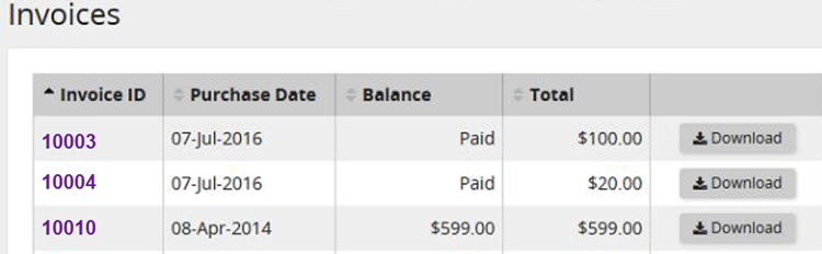 The Invoices page listing invoice IDs, purchase dates, balances and totals, each with a Download button